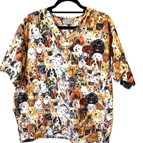 UA SCRUBS TOP Sz 2X DOGS All Breeds All Over Print Animals Lover Doggie Mama - Picture 1 of 6